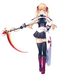 Rule 34 | 1girl, absurdres, ahoge, black gloves, black skirt, black thighhighs, blonde hair, blush, boots, bow, clothing cutout, corset, floating hair, frilled skirt, frilled sleeves, frills, full body, gloves, hair bow, half gloves, hand on own hip, highres, holding, holding scythe, knee boots, long hair, long sleeves, looking at viewer, miniskirt, nijisanji, nishinomiya suzu, outstretched arm, pleated skirt, red bow, red eyes, red footwear, red ribbon, ribbon, scythe, shoulder cutout, simple background, skirt, solo, standing, takamiya rion, thighhighs, twintails, very long hair, virtual youtuber, white background, zettai ryouiki