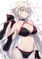 Rule 34 | 1girl, bad id, bad pixiv id, bare shoulders, bikini, black bikini, black choker, black gloves, black jacket, breasts, character name, choker, cleavage, cowboy shot, eyes visible through hair, fate/grand order, fate (series), gloves, green eyes, hair between eyes, hand on own thigh, hand up, highres, holding, holding clothes, holding jacket, jacket, jeanne d&#039;arc alter (swimsuit berserker) (fate), jeanne d&#039;arc (fate), jeanne d&#039;arc alter (fate), jeanne d&#039;arc alter (swimsuit berserker) (fate), katana, kota (tokiwa), large breasts, legs apart, long hair, navel, o-ring, o-ring bikini, o-ring bottom, o-ring top, parted lips, pink lips, signature, silver hair, solo, star (symbol), swimsuit, sword, very long hair, weapon, white background