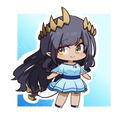 Rule 34 | 1girl, black hair, blue dress, blue sash, blush, breasts, chibi, cleavage, cleavage cutout, closed mouth, clothing cutout, commentary request, dark-skinned female, dark skin, demon girl, demon horns, dress, eyes visible through hair, full body, hair between eyes, highres, horns, long hair, looking at viewer, mariooo, medium bangs, medium breasts, nanashi inc., outline, pointy ears, sash, shimamura charlotte, sidelocks, smile, solo, standing, tail, very long hair, virtual youtuber, white outline, yellow eyes