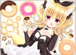 Rule 34 | 1girl, :o, animal ear fluff, animal ears, black bow, black jacket, black ribbon, blonde hair, blush, bow, breasts, cleavage, commentary request, doughnut, dress, food, food on face, fox ears, fox girl, fox tail, hair between eyes, hair ribbon, hands up, holding, holding food, jacket, long hair, long sleeves, medium breasts, open mouth, original, pon de ring, red eyes, ribbon, shikito (yawa0w0), sleeves past wrists, solo, tail, twintails, white dress