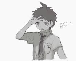 Rule 34 | 1boy, :d, ahoge, badge, breast pocket, collared shirt, commentary request, cropped torso, danganronpa (series), danganronpa 2: goodbye despair, denri, greyscale, hand up, highres, hinata hajime, male focus, monochrome, necktie, open mouth, pocket, shirt, short hair, short sleeves, simple background, sketch, smile, solo, spiked hair, teeth, translation request, upper body, upper teeth only, v