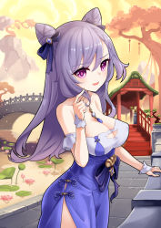 Rule 34 | 1girl, :d, bare shoulders, bow, breasts, bridge, cleavage, cone hair bun, dress, genshin impact, hair between eyes, hair bow, hair bun, hair ornament, hand up, highres, hm (hmongt), keqing (genshin impact), long hair, medium breasts, open mouth, outdoors, purple bow, purple dress, purple eyes, purple hair, smile, solo, stairs, standing, strapless, strapless dress, tree, twitter username, very long hair