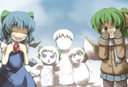 Rule 34 | 2girls, ^ ^, blue dress, blue eyes, blue hair, bow, cirno, coat, daiyousei, dress, closed eyes, gaoo (frpjx283), green eyes, green hair, hair bow, hair ribbon, jacket, mittens, multiple girls, open mouth, pantyhose, ribbon, scarf, side ponytail, skirt, smile, snowman, touhou, triangle mouth, wings