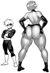 Rule 34 | 1boy, 1girl, ass, ass grab, bad id, bad tumblr id, bob cut, bodysuit, breasts, curvy, danny fenton, danny phantom, elbow gloves, from behind, full body, gloves, grabbing own ass, greyscale, grin, hetero, highres, huge ass, large breasts, looking at viewer, looking back, maddie fenton, mature female, monochrome, mother and son, muscular, narrow waist, naughty face, plump, short hair, simple background, skin tight, smile, standing, synecdoche, thick thighs, thighs, white background, wide hips