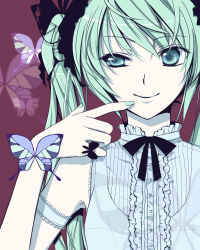 Rule 34 | 1girl, aqua eyes, aqua hair, bug, butterfly, female focus, hatsune miku, insect, looking at viewer, naughty face, solo, twintails, upper body, vocaloid, world is mine (vocaloid), yuh