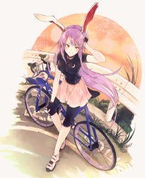 Rule 34 | &gt;:), 1girl, alternate costume, animal ears, arm up, bicycle, bike shorts, black gloves, breasts, closed mouth, commission, crescent, fingerless gloves, floating hair, gloves, grass, hisona (suaritesumi), long hair, looking at viewer, medium breasts, outdoors, pink skirt, purple hair, rabbit ears, railing, red eyes, reisen udongein inaba, shoes, skirt, smile, solo, touhou, very long hair, white background
