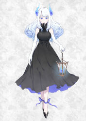 Rule 34 | 1girl, :d, absurdres, ankle ribbon, bare shoulders, black dress, black footwear, blue eyes, blue fire, blunt bangs, commentary request, dress, elbow gloves, fire, full body, gloves, highres, holding, holding lantern, indie virtual youtuber, lantern, leg ribbon, long hair, looking at viewer, open mouth, original, pochi (pochi-goya), ribbon, shoes, sleeveless, sleeveless dress, smile, solo, virtual youtuber, white gloves, white hair, yukimaru kyuu