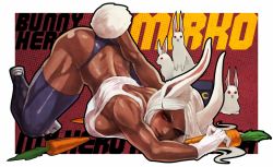 Rule 34 | 1girl, animal ears, back, black panties, black thighhighs, boku no hero academia, breasts, carrot, character name, clothing cutout, commentary, dark-skinned female, dark skin, english commentary, eyeshadow, full body, large breasts, lips, long eyelashes, long hair, makeup, mirko, monori rogue, muscular, muscular female, nose, panties, parted bangs, paw shoes, rabbit, rabbit ears, rabbit girl, rabbit tail, red eyes, shoes, sideboob, solo, tail, tail through clothes, tank top, thick thighs, thighhighs, thighs, thong, underwear, very dark skin, white hair
