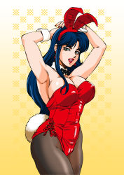Rule 34 | 1980s (style), 1girl, animal ears, armpits, arms up, bare shoulders, blue hair, bow, bowtie, breasts, cleavage, cowboy shot, detached collar, dirty pair, earrings, fake animal ears, fake tail, female focus, green eyes, groin, highres, jewelry, kugayama hodai, large breasts, legs, legs together, leotard, long hair, looking at viewer, oldschool, open mouth, pantyhose, playboy bunny, rabbit ears, rabbit tail, red leotard, retro artstyle, simple background, smile, solo, strapless, tail, thighs, wrist cuffs, yuri (dirty pair)