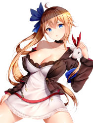 Rule 34 | 1girl, ahoge, animal, animal on shoulder, blonde hair, blue bow, blue eyes, blush, bow, breasts, brown hair, choker, cleavage, collarbone, cross, dress, fal (girls&#039; frontline), ferret, girls&#039; frontline, highres, jacket, lace, lace choker, large breasts, long hair, looking at viewer, off shoulder, open clothes, open jacket, open mouth, ribbon, side ponytail, simple background, single thighhigh, solo, thighhighs, very long hair, white background, wsman