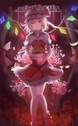 Rule 34 | 1girl, ankle socks, apple, ascot, bad id, bad pixiv id, blonde hair, chain, curtains, flandre scarlet, floral background, food, fruit, gennnwa, hat, hat ribbon, head tilt, highres, iron bars, knees together feet apart, legs together, light smile, looking at viewer, mob cap, red eyes, ribbon, short hair, short sleeves, side ponytail, skirt, skirt set, socks, solo, touhou, window, wings, xjpgc123