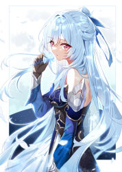 Rule 34 | 1girl, bare shoulders, bencao gangmu (anquan sy), black gloves, blue hair, blush, flower, from side, gloves, hair ornament, hand up, highres, holding, holding flower, honkai: star rail, honkai (series), jingliu (honkai: star rail), long hair, long sleeves, looking at viewer, looking to the side, parted lips, red eyes, revision, solo