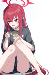 Rule 34 | 1girl, absurdres, ahoge, black choker, black shirt, blue archive, blue background, choker, food, gradient background, halo, highres, holding, holding food, kokolokokomika, legs, long hair, looking to the side, open mouth, panties, pudding, rabu (blue archive), red eyes, red hair, red halo, sharp teeth, shirt, sitting, slit pupils, solo, striped clothes, striped panties, t-shirt, teeth, thighs, underwear