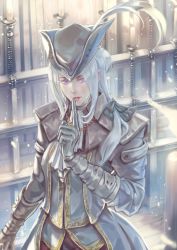 Rule 34 | 1girl, absurdres, artist request, ascot, bloodborne, blue eyes, cape, coat, gem, gloves, hat, hat feather, highres, lady maria of the astral clocktower, long hair, looking at viewer, ponytail, simple background, smile, solo, tricorne, weapon, white hair