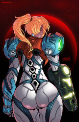 Rule 34 | 1girl, arm cannon, armor, artist name, ass, back, blonde hair, darkereve, energy cannon, from behind, glowing, highres, jetpack, metroid, metroid dread, nintendo, planet, ponytail, power armor, power suit, samus aran, sky, solo, space, star (sky), starry sky, twitter username, weapon
