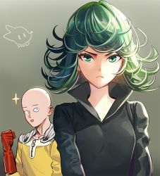 Rule 34 | 1boy, 1girl, :d, artist name, bad id, bad twitter id, bald, black dress, cape, dress, frown, gloves, green eyes, green hair, one-punch man, open mouth, red gloves, rod (rod4817), saitama (one-punch man), smile, tatsumaki