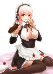 Rule 34 | 1girl, apron, black thighhighs, bread, breasts, cream, food, food on face, fruit, garter straps, headphones, highres, large breasts, maid, maid apron, maid headdress, nitroplus, open clothes, open shirt, pink hair, red eyes, ribbon, shirt, short hair, sitting, solo, strawberry, super sonico, thighhighs, waist apron, wariza, wokara