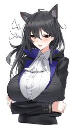 Rule 34 | 1girl, ahoge, animal ears, arknights, arms under breasts, ascot, black coat, black eyes, black hair, blush, breasts, coat, commentary request, extra ears, gertrude strollo (arknights), highres, horn/wood, huge breasts, jacket, long hair, looking at viewer, open mouth, shirt, simple background, solo, sweater, white ascot, white background, white shirt, wolf ears, wolf girl