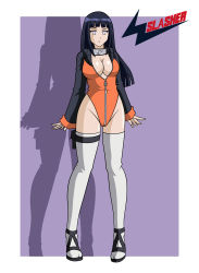 Rule 34 | 1girl, absurdres, adapted costume, alternate costume, artist name, black hair, blunt bangs, border, breasts, cleavage, full body, high heels, highleg, highleg leotard, highres, hime cut, hyuuga hinata, konohagakure symbol, large breasts, legs, leotard, long hair, looking at viewer, naruto, naruto (series), ninja, no pupils, outside border, palette swap, partially unzipped, pigeon-toed, purple background, sandals, shadow, shoes, sidelocks, solo, standing, tagme, thigh strap, thighhighs, thong leotard, vector trace, white border, wslasher, zipper