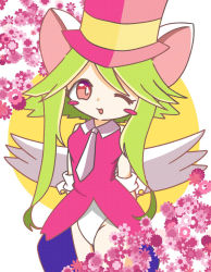Rule 34 | 1girl, animal ears, blush stickers, breasts, green hair, hat, highres, leotard, mad rat dead, mouse (animal), mouse ears, mouse girl, nippon ichi, rat god, red eyes, tie clip, top hat, wings, wrist cuffs