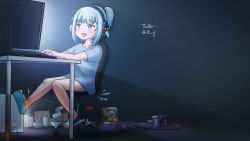 Rule 34 | aqua footwear, bare legs, blue eyes, blue hair, blue shirt, blunt bangs, bowl, can, chair, computer, computer tower, dangling legs, dark, dark background, dark room, dyson (company), gawr gura, grey hair, headphones, highres, hololive, hololive english, holomyth, keyboard (computer), looking at screen, monitor, multicolored hair, nintendo switch, office chair, open mouth, ponytail, screen light, shirt, short sleeves, sidelocks, sitting, slippers, streaked hair, swivel chair, two-tone hair, two side up, vacuum cleaner, virtual youtuber