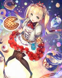 Rule 34 | 1girl, apple pie, black pantyhose, blonde hair, blush, deecha, food, green eyes, hair ribbon, highres, holding, holding plate, long hair, looking at viewer, open mouth, original, pantyhose, pie, plate, puffy short sleeves, puffy sleeves, red ribbon, ribbon, short sleeves, smile, solo, striped clothes, striped pantyhose, twintails, vertical-striped clothes, vertical-striped pantyhose