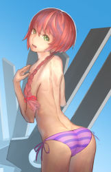 Rule 34 | 1girl, back, bad id, bad pixiv id, braid, darker than black, green eyes, highres, imo, long hair, looking at viewer, looking back, open mouth, panties, ponytail, red hair, side-tie panties, single braid, solo, striped clothes, striped panties, suou pavlichenko, tears, topless, underwear