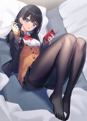 Rule 34 | 1girl, black hair, black jacket, black pantyhose, black skirt, blazer, blue eyes, bow, breasts, brown cardigan, cardigan, cellphone, collared shirt, commentary request, curtains, dress shirt, dutch angle, earbuds, earphones, gridman universe, highres, holding, holding phone, indoors, jacket, long hair, long sleeves, looking at viewer, lying, medium breasts, no shoes, on back, open clothes, open jacket, pantyhose, parted lips, phone, pillow, pleated skirt, red bow, ririko (zhuoyandesailaer), shirt, skirt, sleeves past wrists, solo, ssss.gridman, takarada rikka, thighband pantyhose, white shirt
