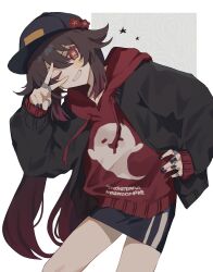 Rule 34 | 1girl, alternate costume, bare legs, baseball cap, black hat, black jacket, black nails, black skirt, brown background, brown hair, commentary, flipped hair, flower, flower-shaped pupils, genshin impact, hat, hat flower, highres, hood, hoodie, hu tao (genshin impact), inagoinaire, jacket, jewelry, long hair, looking at viewer, multiple rings, nail polish, one eye closed, plum blossoms, red eyes, red flower, red hoodie, ring, sidelocks, simple background, skirt, smile, solo, symbol-shaped pupils, white background