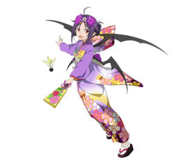 Rule 34 | 1girl, ahoge, blush, kimono, long hair, official art, purple hair, red eyes, simple background, smile, solo, sword art online, white background, wings, yuuki (sao)