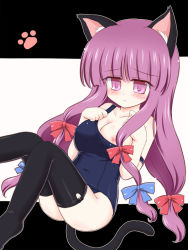 Rule 34 | 1girl, animal ears, bare shoulders, black thighhighs, bow, breast slip, breasts, cat ears, cat girl, cat tail, female focus, hair bow, kemonomimi mode, long hair, nipples, one-piece swimsuit, one breast out, patchouli knowledge, purple eyes, purple hair, ry (yagoyago), school swimsuit, simple background, solo, swimsuit, tail, thighhighs, touhou