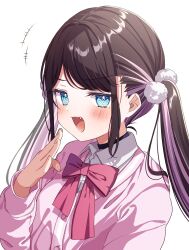Rule 34 | 1girl, black hair, blue eyes, blush, bow, bowtie, choker, colored inner hair, fang, giggling, hair ornament, highres, kaga nazuna, long hair, looking at viewer, mole, mole under eye, multicolored hair, open mouth, pink bow, pink bowtie, pink hair, pink shirt, pome charo, school uniform, shirt, simple background, solo, twintails, two-tone hair, upper body, virtual youtuber, vspo!, white background
