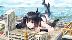 Rule 34 | 1girl, absurdres, architect (girls&#039; frontline), artist request, ass, beach, black footwear, black hair, black sleeves, black thighhighs, blush, boots, breasts, building, cleavage, closed mouth, cloud, commentary, commission, construction, construction site, crane (machine), day, detached sleeves, elbow gloves, english commentary, fingerless gloves, fingernails, giant, giantess, girls&#039; frontline, gloves, hair ornament, hand on own head, highres, holding, long hair, lying, medium breasts, ocean, on stomach, one side up, outdoors, palm tree, pink eyes, red nails, road, sand, sangvis ferri, second-party source, single detached sleeve, single elbow glove, single glove, solo, the pose, thighhighs, tree, very long hair, water, wavy mouth