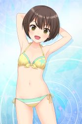 Rule 34 | 1girl, absurdres, alternative girls, armpits, arms behind head, bare arms, bikini, breasts, brown hair, halterneck, highres, blue background, looking at viewer, official art, open mouth, short hair, side-tie bikini bottom, small breasts, smile, solo, standing, star (symbol), star print, string bikini, swimsuit, tachibana naomi, yellow bikini, yellow eyes