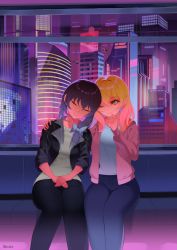 Rule 34 | 2girls, alternate costume, artist name, black hair, black jacket, black pants, blonde hair, blue pants, bow, city, cityscape, closed eyes, hair bow, hand on another&#039;s shoulder, hand on own chin, highres, jacket, leaning, leaning on person, leather, leather jacket, long sleeves, maribel hearn, multiple girls, one eye closed, open clothes, open jacket, pants, pink jacket, recare, shirt, side ponytail, sitting, sleeping, sleeping on person, smile, touhou, usami renko, white bow, white shirt, window, yellow eyes, yuri