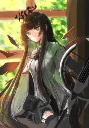 Rule 34 | 1girl, arknights, arm support, ascot, backlighting, belt buckle, belt pouch, black ascot, black gloves, black hair, black halo, black wings, blunt bangs, blurry, blurry background, breasts, bright pupils, broken halo, buckle, cello, closed mouth, colored inner hair, crosshatching, dark halo, day, depth of field, detached wings, energy wings, eyelashes, feet out of frame, gloves, grey eyes, grey hair, grey skirt, grey thighhighs, hakoniwashinshi, halo, hatching (texture), highres, hime cut, holding, holding instrument, ibispaint (medium), indoors, instrument, jacket, layered sleeves, leaf, long hair, long sleeves, looking at viewer, making-of available, medium breasts, miniskirt, mole, mole under eye, multicolored hair, pouch, shade, short-sleeved jacket, short over long sleeves, short sleeves, sidelocks, sitting, skirt, smile, solo, straight hair, strap, sunlight, thighhighs, two-tone hair, very long hair, virtuosa (arknights), white jacket, white pupils, wide sleeves, window, wings, zettai ryouiki