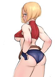 Rule 34 | 1girl, absurdres, ass, bare shoulders, blonde hair, blue eyes, blue mary, blue shorts, breasts, crop top, fatal fury, fingerless gloves, from behind, gloves, hands on own hips, highres, large breasts, looking at viewer, looking back, micro shorts, moebell, short hair, short shorts, shorts, solo, the king of fighters, thighs, transparent background
