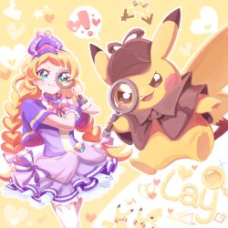 Rule 34 | !, 1girl, bandeau, blue eyes, bow, bowtie, braid, brooch, brown capelet, brown headwear, capelet, closed mouth, commentary request, commission, creatures (company), crossover, cure friendy, detective pikachu, dress, earrings, eighth note, flat cap, frilled cuffs, game freak, gen 1 pokemon, gen 2 pokemon, hair bow, hairband, hat, heart, heart brooch, highres, holding, holding magnifying glass, inukai iroha, jewelry, korean commentary, long hair, looking at viewer, low twin braids, magical girl, magnifying glass, musical note, nintendo, open mouth, petticoat, pichu, pikachu, pink bow, pink bowtie, pokemon, pokemon (creature), precure, purple capelet, purple dress, purple hairband, purple headwear, short dress, smile, solo, spoken exclamation mark, standing, thighhighs, ttrtag, twin braids, very long hair, white thighhighs, wonderful precure!, yellow bandeau