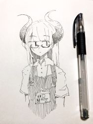 Rule 34 | 1girl, collared shirt, commentary request, glasses, greyscale, highres, horns, id card, lanyard, long hair, looking to the side, monochrome, original, outo eguchi, paper (medium), pen, pen (medium), photo (medium), shirt, solo, translation request