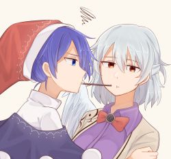 Rule 34 | 2girls, :t, absurdres, beige jacket, black capelet, blue eyes, blue hair, blush, bow, bowtie, braid, breasts, capelet, chinese commentary, closed mouth, collared dress, commentary request, doremy sweet, dress, expressionless, food, food in mouth, french braid, half updo, hat, highres, idaku, kishin sagume, looking at another, looking at viewer, medium breasts, multiple girls, nightcap, pocky, pocky in mouth, pom pom (clothes), purple dress, red bow, red bowtie, red eyes, red headwear, santa hat, short hair, silver hair, simple background, squiggle, touhou, turtleneck, upper body, white background, white dress
