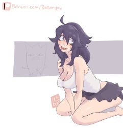 Rule 34 | ahoge, baserguy, breasts, cleavage, crazy, creatures (company), feet, game freak, gen 1 pokemon, gengar, hex maniac (pokemon), highres, large breasts, long hair, nintendo, pokemon, pokemon xy, sitting, skirt, tank top, thighs, toes, white background