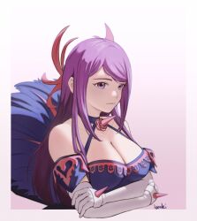 Rule 34 | 1girl, absurdres, bare shoulders, breasts, cleavage, commentary, crossed arms, detached sleeves, elbow gloves, fire emblem, fire emblem engage, gloves, gradient background, highres, ibouki, ivy (fire emblem), large breasts, long hair, looking at viewer, nintendo, pink background, purple eyes, purple hair, short sleeves, solo, upper body, very long hair, white background, white gloves