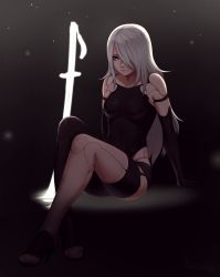 Rule 34 | 1girl, absurdres, android, asymmetrical legwear, blue eyes, breasts, full body, glowing, glowing sword, glowing weapon, hair over one eye, high heels, highres, joints, katana, leotard, long hair, medium breasts, mismatched legwear, nier (series), nier:automata, planted, planted sword, planted weapon, razalor, revision, robot joints, silver hair, sitting, solo, sword, toeless footwear, toes, weapon, a2 (nier:automata)