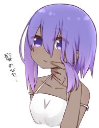 Rule 34 | 1girl, adjusting hair, bare shoulders, blush, closed mouth, collarbone, cropped torso, dark-skinned female, dark skin, dress, fate/grand order, fate (series), hair between eyes, halter dress, halterneck, hand up, hassan of serenity (fate), i.u.y, light smile, looking at viewer, purple eyes, purple hair, short hair with long locks, sidelocks, simple background, solo, tareme, translation request, white background, white dress