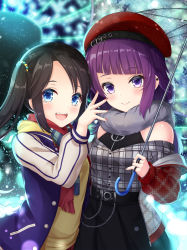 Rule 34 | 2girls, :d, arm up, belt, beret, black hair, black nails, blue eyes, blue jacket, blunt bangs, blurry, blurry background, blush, checkered clothes, checkered shirt, commentary, depth of field, diagonal bangs, dress, ear piercing, fur scarf, grey shirt, hair ornament, hat, holding, holding umbrella, idolmaster, idolmaster shiny colors, jacket, layered dress, long hair, looking at viewer, mitsumine yuika, multiple girls, nail polish, night, open mouth, outdoors, piercing, plaid, plaid scarf, purple eyes, purple hair, red headwear, red nails, red scarf, rusha (r style), scarf, shirt, side-by-side, smile, standing, striped sleeves, sweater vest, swept bangs, tanaka mamimi, teeth, transparent, transparent umbrella, twintails, umbrella, upper body, upper teeth only