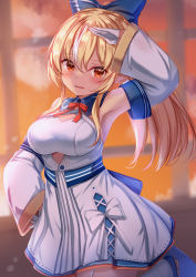 Rule 34 | 1girl, arm up, armpits, blonde hair, blue bow, blush, bow, bowtie, breasts, commentary request, dark-skinned female, dark skin, detached sleeves, dress, elf, garter straps, gloves, hair between eyes, hair bow, highres, hololive, large breasts, long hair, looking at viewer, multicolored hair, parted lips, pointy ears, ponytail, red bow, red bowtie, red eyes, shiranui flare, shiranui flare (1st costume), smile, solo, streaked hair, virtual youtuber, white dress, white gloves, white hair, yuano