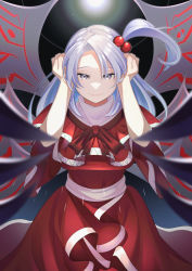 Rule 34 | 1girl, absurdres, blurry, capelet, cowboy shot, dark background, depth of field, dress, eyebrows hidden by hair, grey hair, guumin, hair bobbles, hair ornament, hands up, highres, light, light particles, long hair, looking at viewer, one side up, red capelet, red dress, shinki (touhou), short sleeves, simple background, smile, solo, touhou, touhou (pc-98), wings