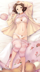 Rule 34 | 1girl, barefoot, bed sheet, bow, bow bra, bow panties, bra, breasts, brown eyes, brown hair, cleavage, clothes lift, clothes pull, crotch seam, dakimakura (medium), digital thermometer, feet out of frame, from above, highres, hyouka, ibara mayaka, looking at viewer, lying, mouth hold, nishiyama maruta, on back, pajamas, panties, pants, pants pull, pink pants, pink shirt, red bra, red panties, shirt, shirt lift, short hair, small breasts, solo, striped clothes, striped pants, thermometer, underwear, white bra, white panties