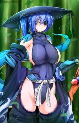 Rule 34 | 1girl, annes (g (genesis1556)), artist name, bamboo, bamboo forest, blue eyes, blue hair, blue kimono, blue leotard, blue pants, breasts, claws, closed mouth, commentary request, covered collarbone, covered navel, cowboy shot, crotchless, crotchless pants, dragon girl, dragon horns, dragon tail, eyepatch, forest, g (genesis1556), hair between eyes, hand on hilt, hand on own hip, highres, horns, japanese clothes, kimono, large breasts, leotard, long hair, looking at viewer, monster girl, nature, off shoulder, ootachi, original, pants, ponytail, scales, scar, scar across eye, sheath, sheathed, sideboob, sidelocks, solo, standing, stitches, tail
