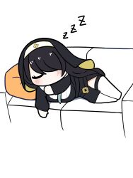 Rule 34 | 1girl, black hair, blue archive, chibi, closed eyes, couch, habit, head on pillow, highres, hinata (blue archive), lying, on side, outstretched arm, sleeping, solo, thighhighs, tog (tog159)